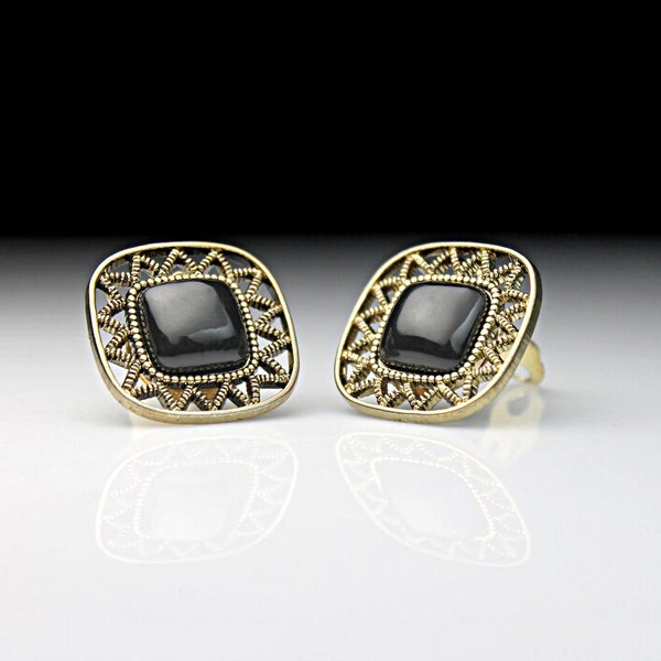 Square Clip-On Earrings, Onyx Bead, Gold Tone, Costume Jewelry, Unsigned, Fashion Jewelry, Woman's Gift