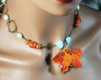Double Maple Leaf Necklace, Autumn Orange, 16 Inch Chain, Retro Style