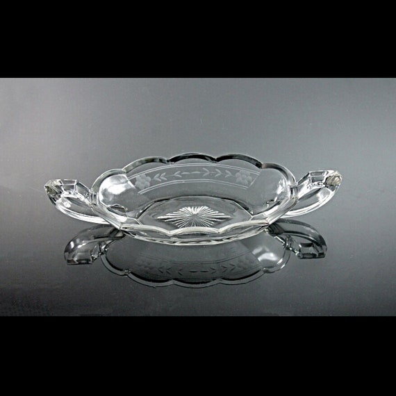 Etched Relish Dish, Handled Bowl, Pressed Glass, Oval Serving Bowl, Floral, Pickle Dish, Depression Glass