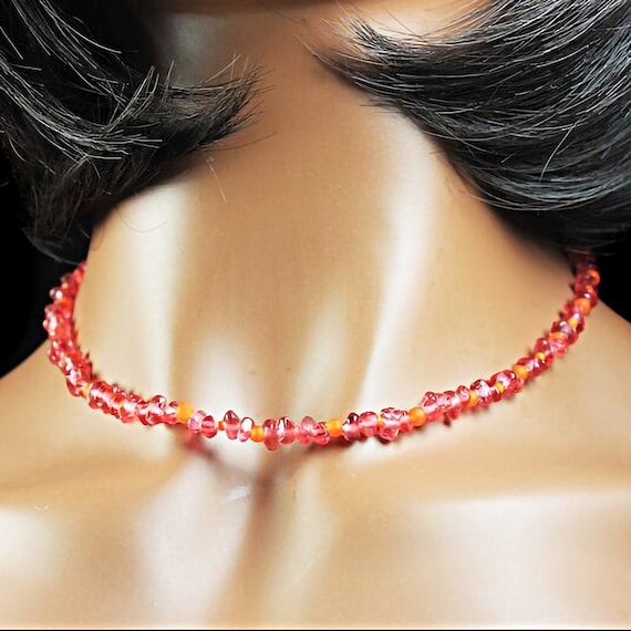 Droplet Chip Necklace, Baked Beads, Red and Orange Beads, Jewelry, Woman's Gift