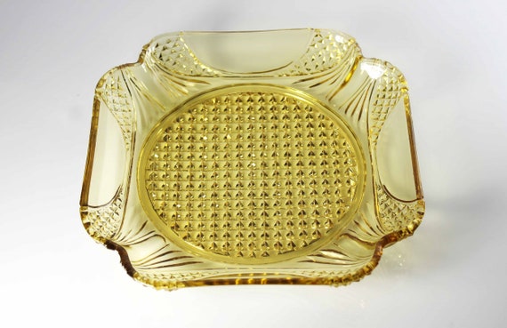 Yellow Cut Glass Bowl, Square, 8 Inch, Diamond Cut