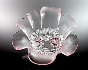 Mikasa Rosella Hostess Bowl, Pink Floral, Centerpiece, Discontinued, Giftware, Frosted Glass