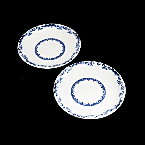 Antique Saucers, J & G Meakin, Acantha, Rare 1890s Fine China, Set of 2, Blue and White, Floral and Shell Pattern, Collectible