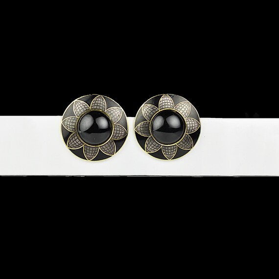 S. Huang Black Enamel and Gold-Tone Statement Post Earrings – Bold Floral Cabochon Design