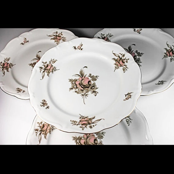 Dinner Plates, Johann Haviland, Sepia Rose, Floral Pattern, Set of Four, Fine China