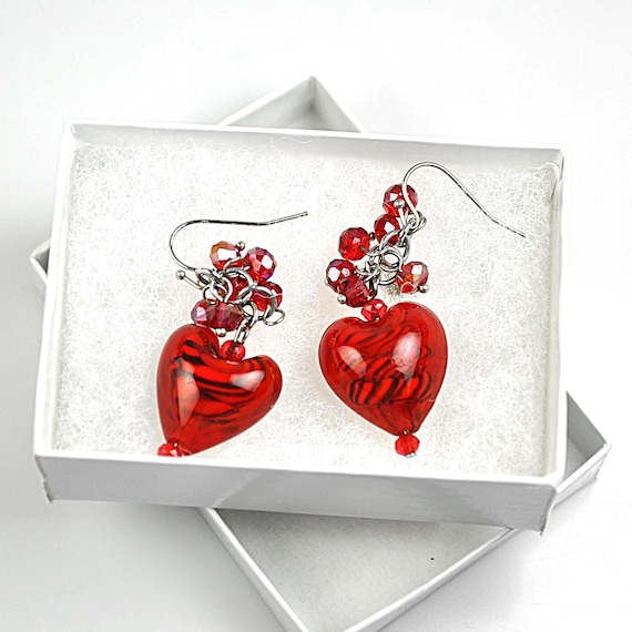 Glass Heart Earrings with Red Beads, Valentine's Day