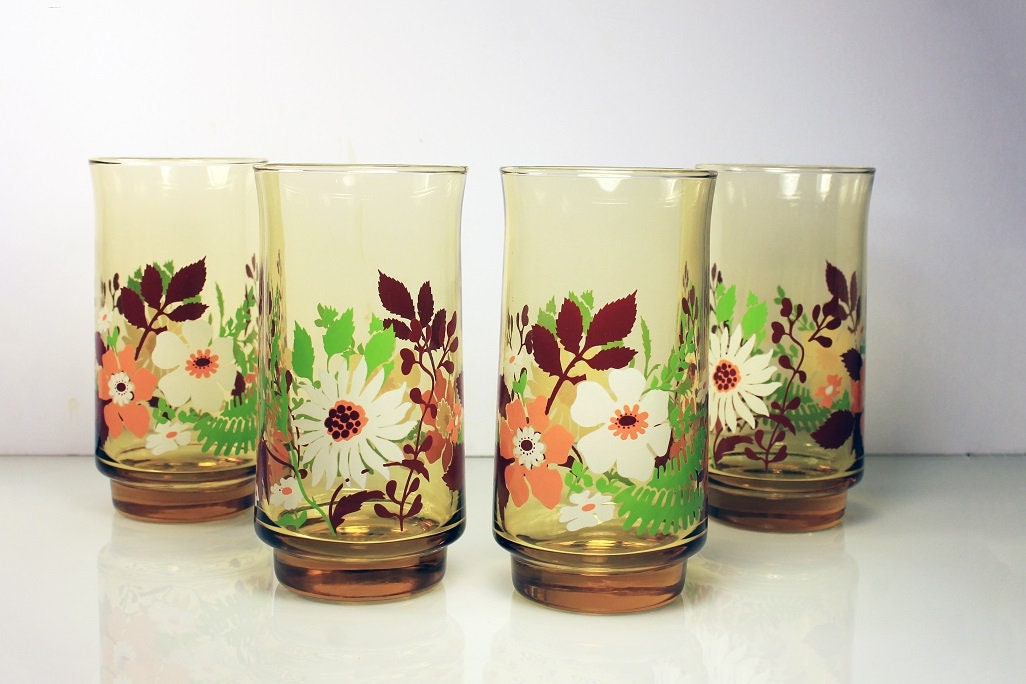 Anchor Hocking, Ice Tea Glasses, New In Box, Amber, Floral Pattern, Set