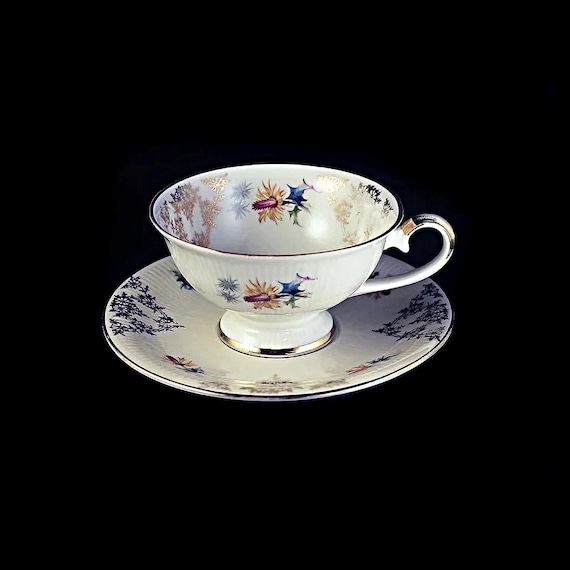 Teacup and Saucer, Schumann Bavaria, Bone China, England, Floral Pattern, Gold Trim