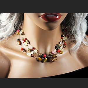 Polished Stone Necklace, Three Strand, Costume Jewelry, Collectible, Woman&#39;s Gift, Semi-Precious Gems