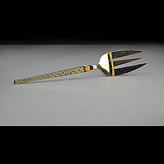 Gold Trocadero Cold Meat Fork by Hankook Flatware – 8 Inch - Floral Handle Stainless Steel Serving Utensil – Made in Korea