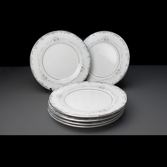 Bread and Butter Plates, Mikasa, Rhoda, Set of 6, Gray Scrolls, Pink Roses, Fine China, Discontinued