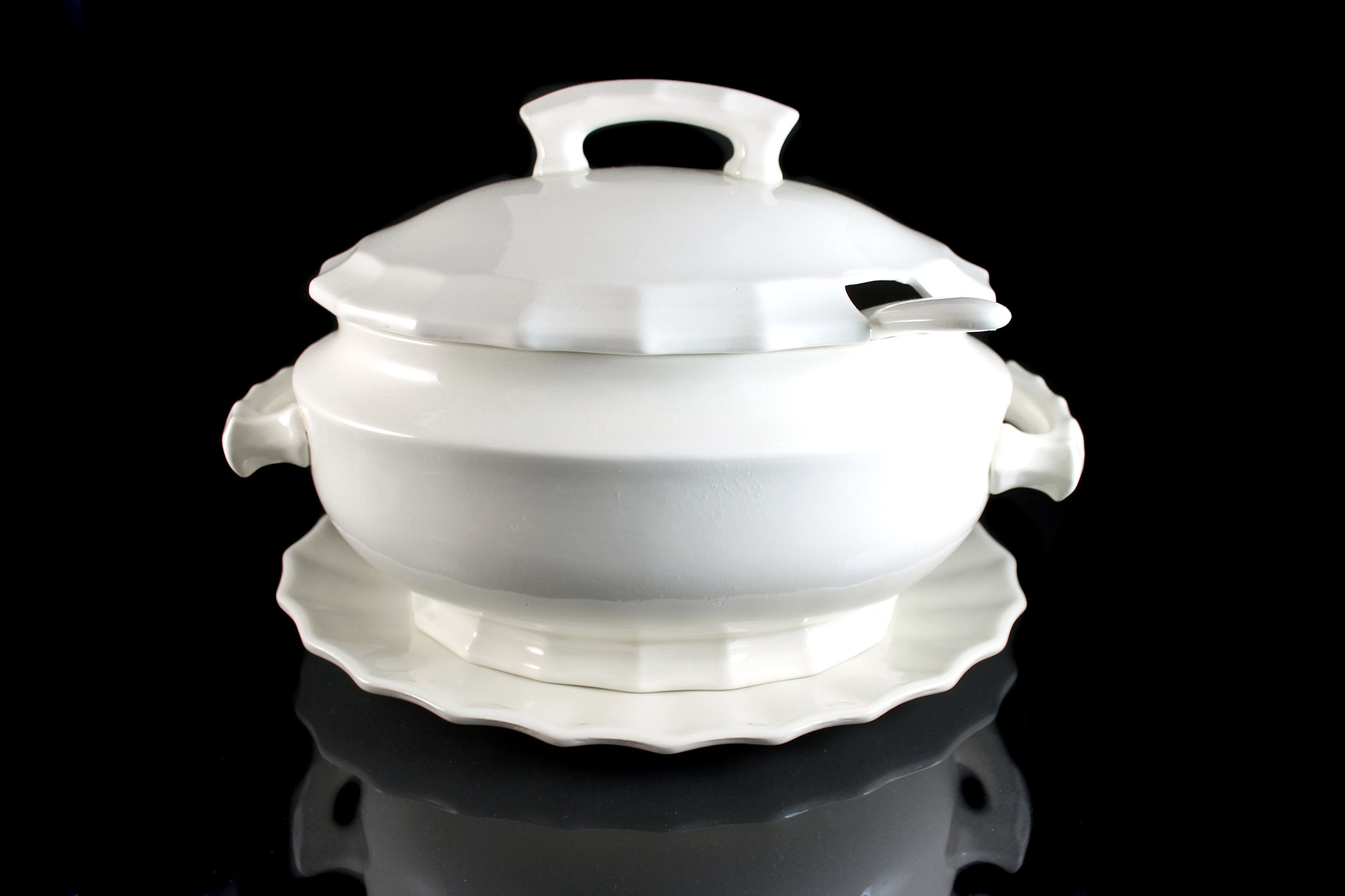 Oval Soup Tureen, California Pottery, 5 Quart, Cream Color, Ladle and