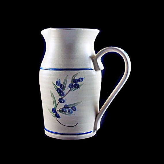 Stoneware Pitcher, Olde Cape Cod, Blueberry Pattern, One Quart, Tan and Blue, Hand Painted