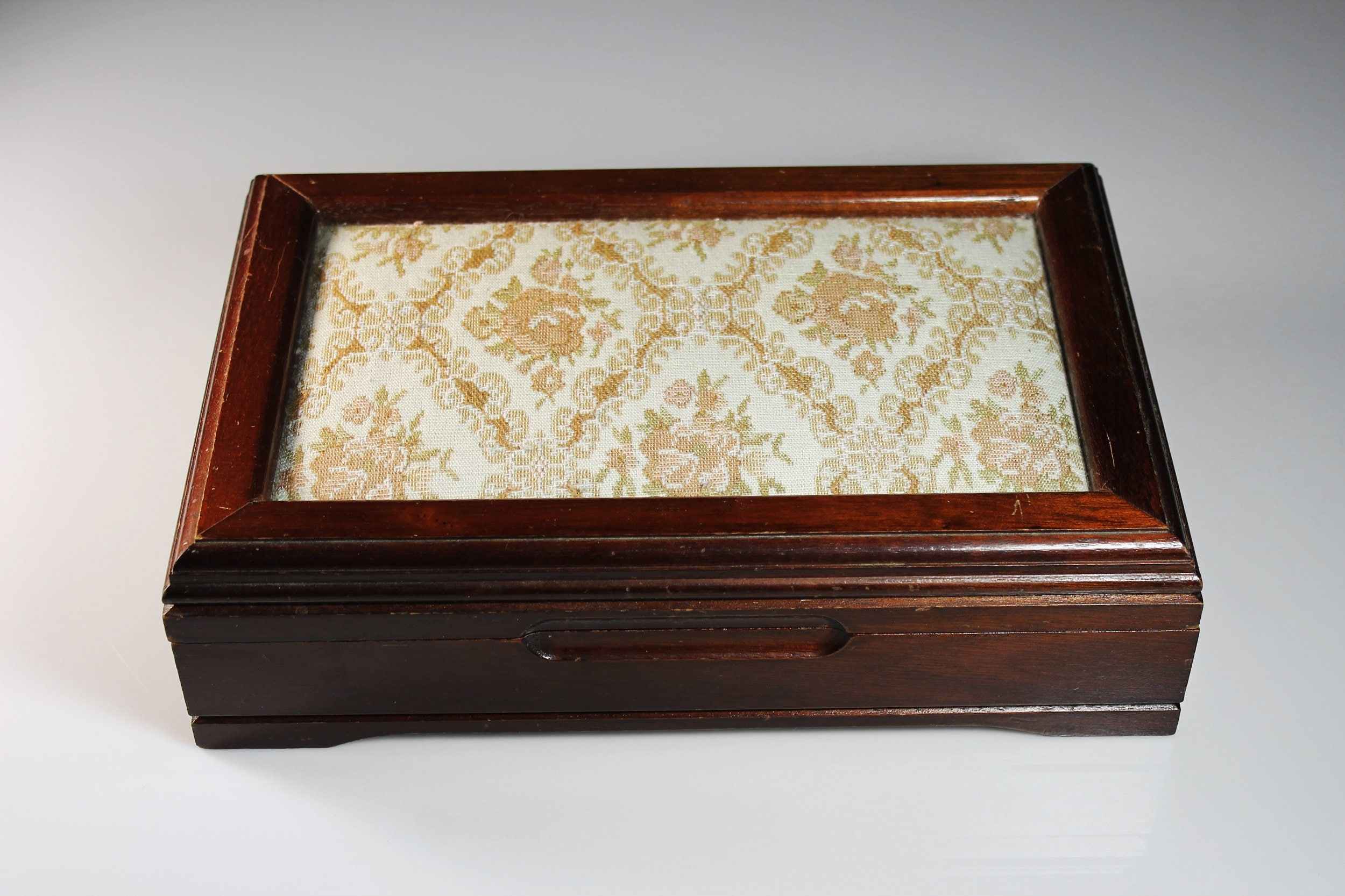 Wood and Tapestry Jewelry Box, Cream Colored Lined Compartments, Large