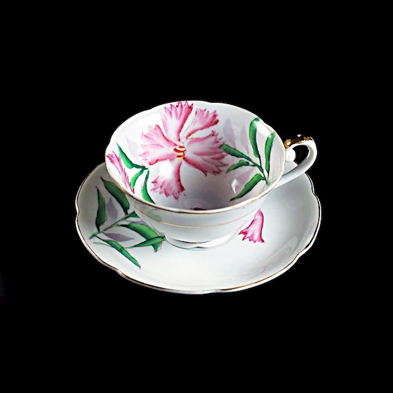 Teacup and Saucer, Merit, Occupied Japan, Bone China, Made In Japan, Hand Painted, Pink Floral, Gold Trim