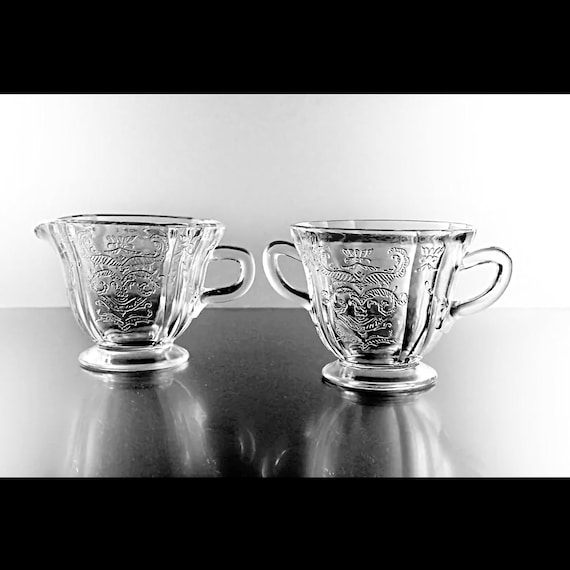 Sugar and Creamer,  Federal Glass, Madrid Pattern, Depression Glass, Pressed Glass, Scroll Design, Clear Glass