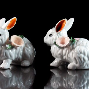 Rabbit Figurines, Bunny Figurines, Set of Two, Hand Painted, Raised Flower, White, Figurine ...