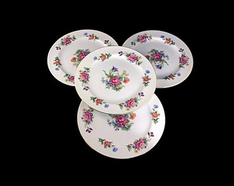 Platos de ensalada, porcelana Sango, Japón ocupado, Floradel, estampado floral, multicolor, borde dorado, juego de 4