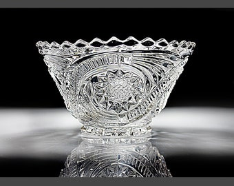 Antique EAPG Glass Bowl, Imperial Glass, Hobstar and Tassels, Clear Glass, Sawtooth Edge, 5 Inch