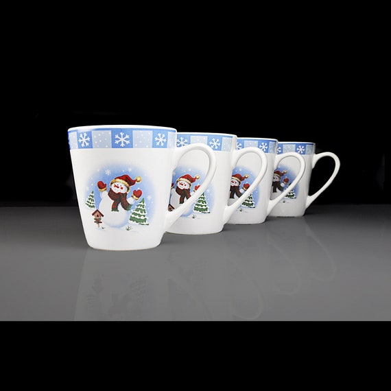 Set of 4 Merry Brite Snowman Mugs, Winter & Holiday Decor, 8 Ounce