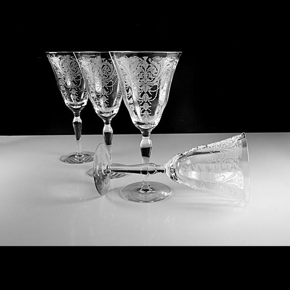 Morgantown Milan Etched Crystal Water Goblets, Set of 4, 1930s Stemware