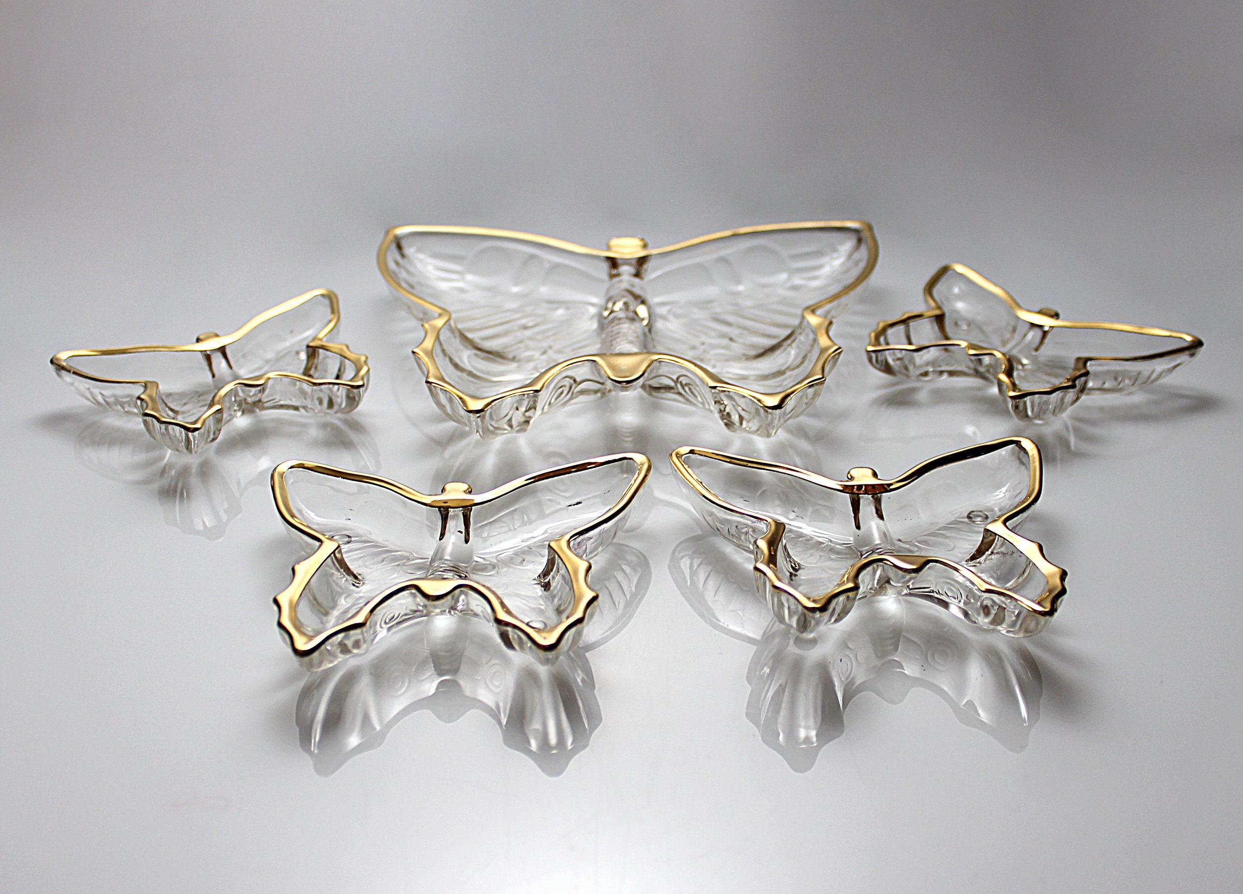 Butterfly Snack Set, 5 Piece Butterfly Set, Candy and Nut Bowls, 22K Gold Trim