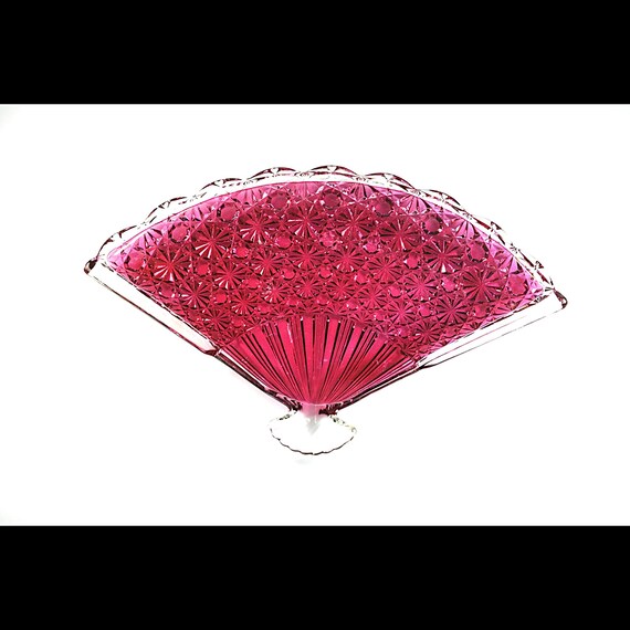 Antique Ruby Flash Glass Fan Dish, Red Pressed Glass Bowl