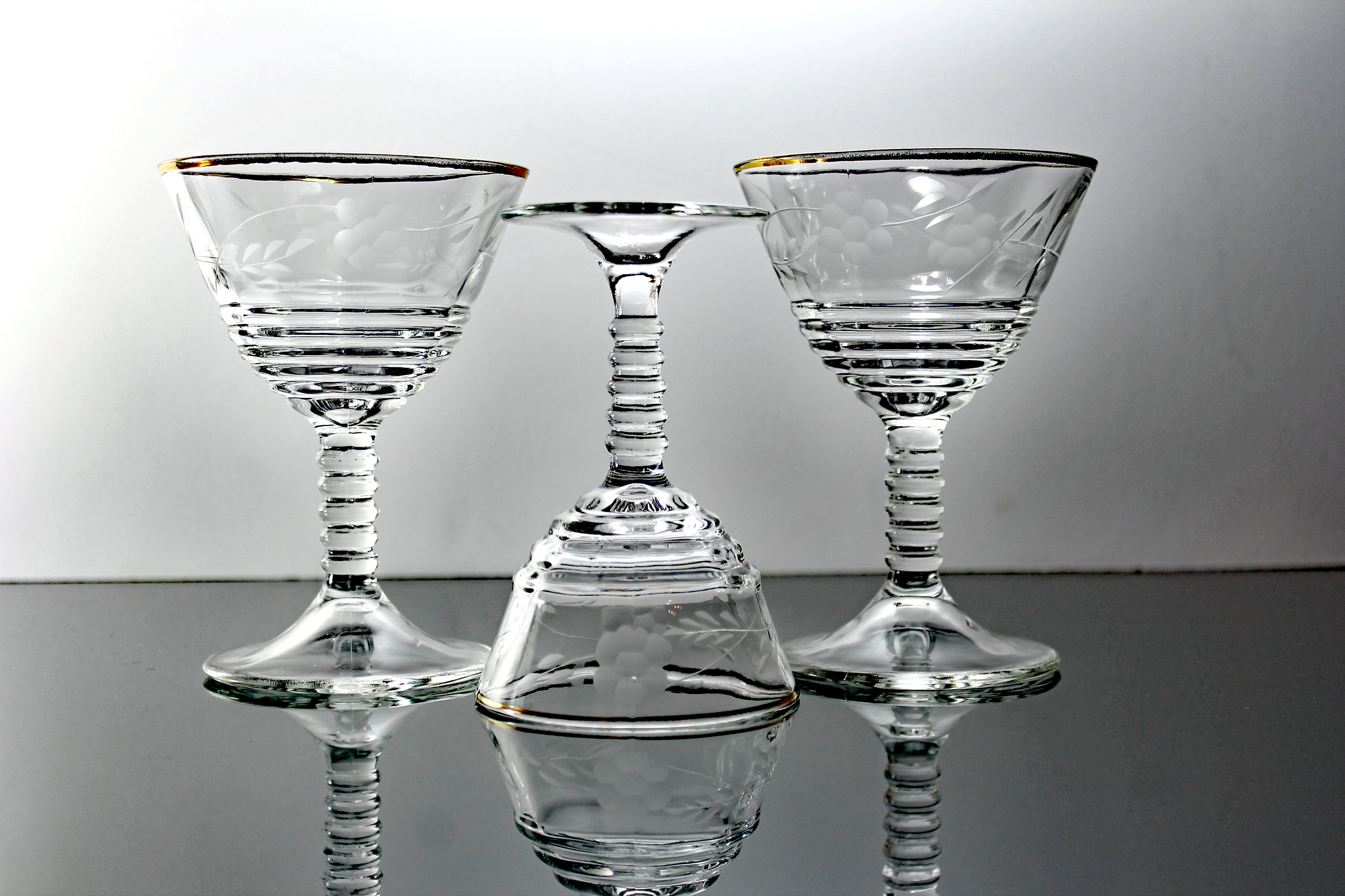Etched Stemware, Federal Glass, Two Tall Champagne Glasses, One Cordial Glass, Wine Glasses