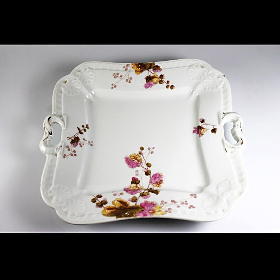 Antique Square Tray, Leonard Vienna, Pink Flowers, Handled, Embossed, Gold Trim