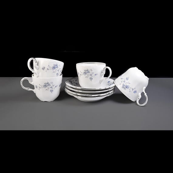 Johann Haviland Blue Garland Cups & Saucers Set of 4 – Bavaria Germany – Platinum Trim
