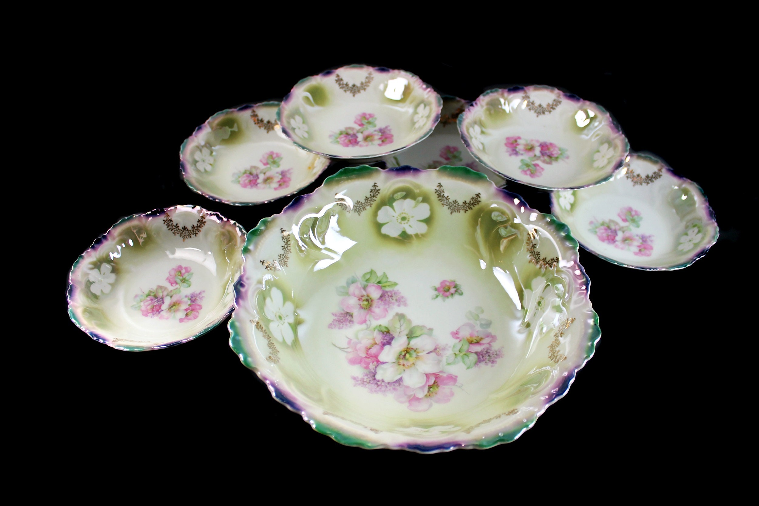 Antique Bavaria Berry Bowls, Lusterware, Embossed, 7 Piece Set, Fruit