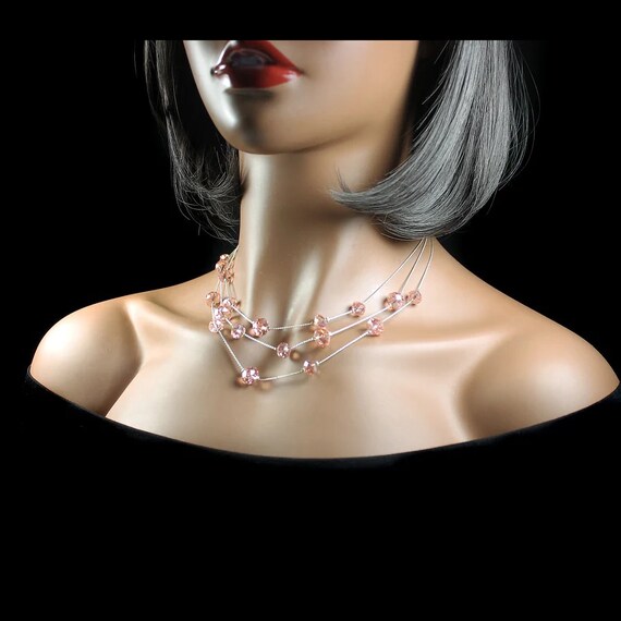 Pink Crystal Station Necklace, Triple Strand, Silver Tone, Lobster Claw Clasp, Jewelry, Woman's Gift