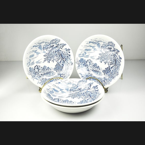 Enoch Wedgwood Countryside Blue and White Fruit Bowls – English Transferware, Set of 4, Made in England