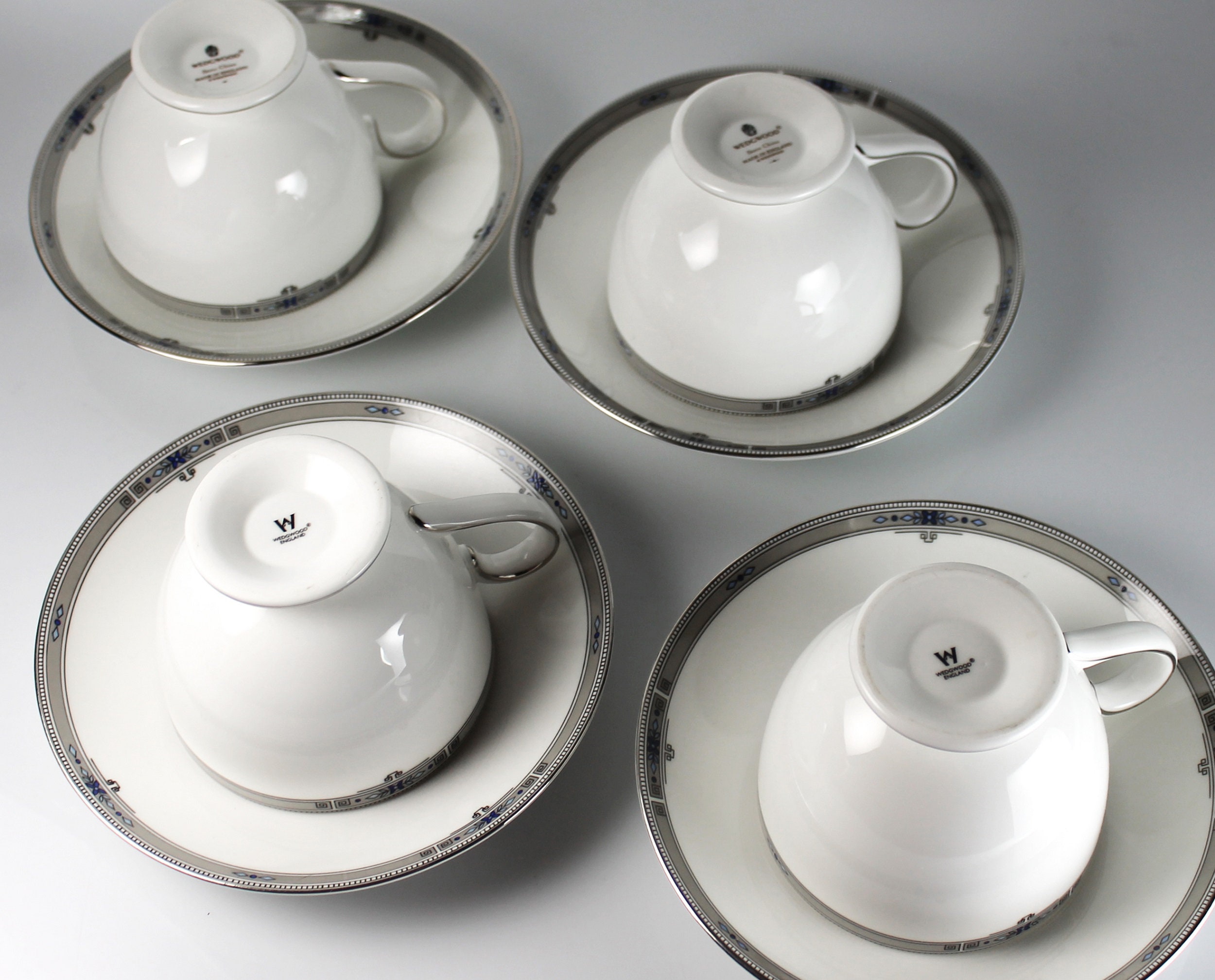 Cups and Saucers, Wedgwood Amherst, Set of 4, Fine China, Platinum Trim