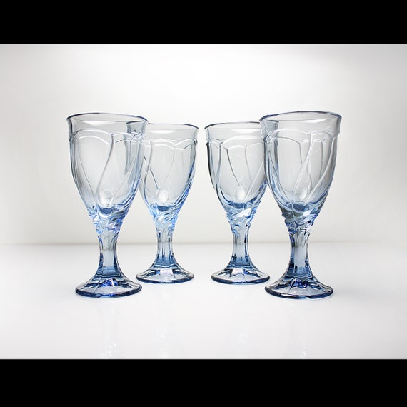 Noritake Wine Glasses, Sweet Swirl, Light Blue, Set of 4, Heavy Swirl, Water Glasses, Barware, Stemware, Discontinued