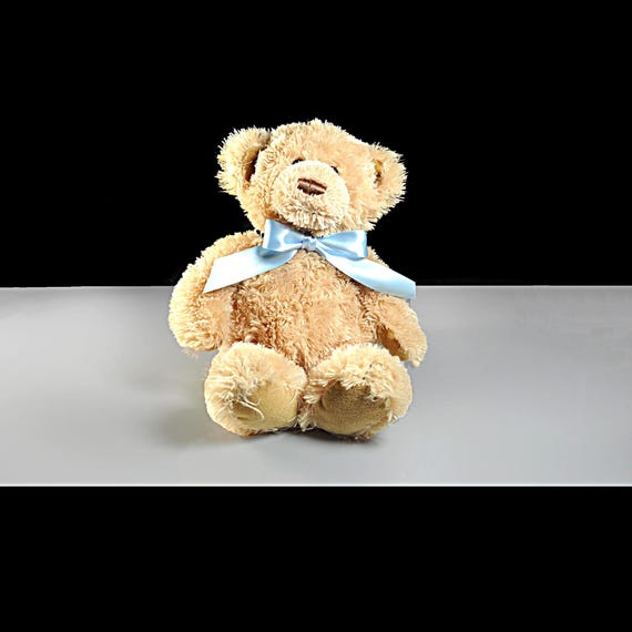 Teddy Bear with Blue Satin Ribbon, 14 Inch Honey Colored Plush Stuffed Animal