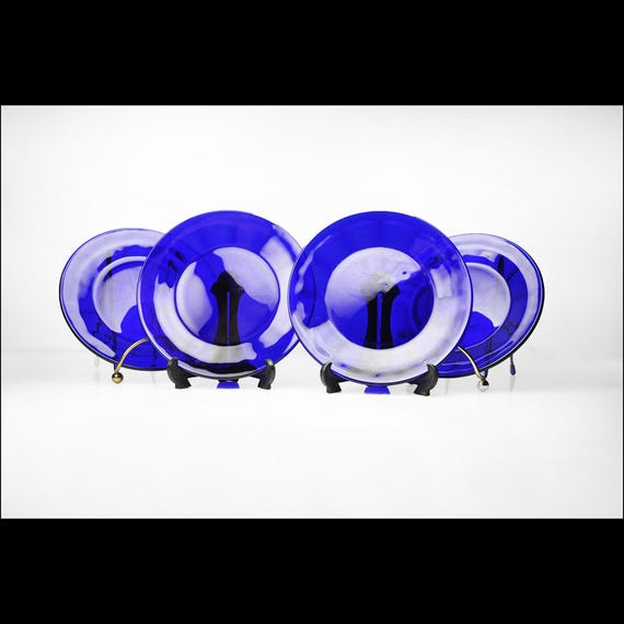 Cobalt Blue Glass Plates by Libbey Duratuff – 5 Inch Bread or Dessert Plates – Vintage Blue Glass Tableware - Set of 4