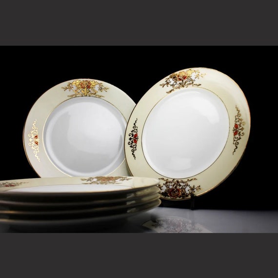 Antique Noritake Luncheon Plates, Morimura Brothers, Pattern 42200, Gold Gilt Flower Design, Set of 6