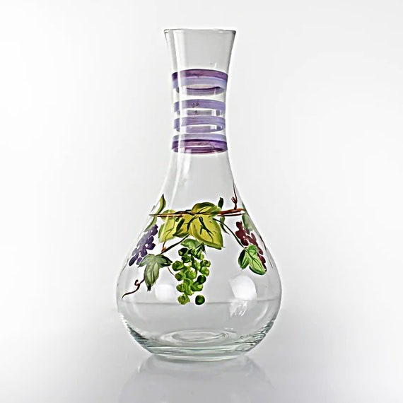 Hand Painted Glass Carafe, Block Basics, Vineyard, Decanter, Grapevine Pattern, Clear Glass