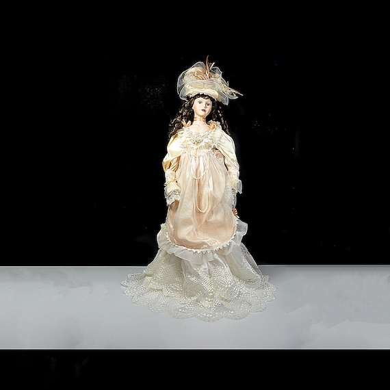 Tall 30-Inch Porcelain Doll in Victorian Dress & Hat - Collectible Display Doll
