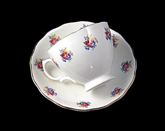 Teacup and Saucer, Crown Essex, Bone China, Rose Pattern, Gold Trimmed, Made in England