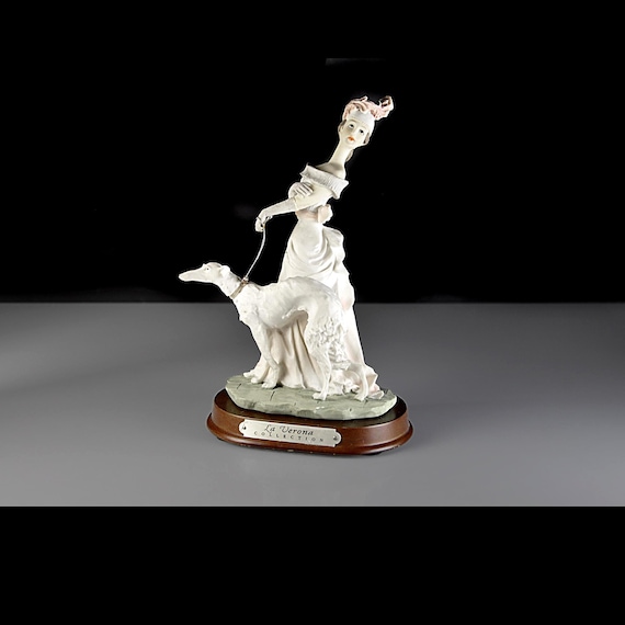 La Verona Collection Lady With Greyhound Figurine, Vintage Resin Statue, Wood Base