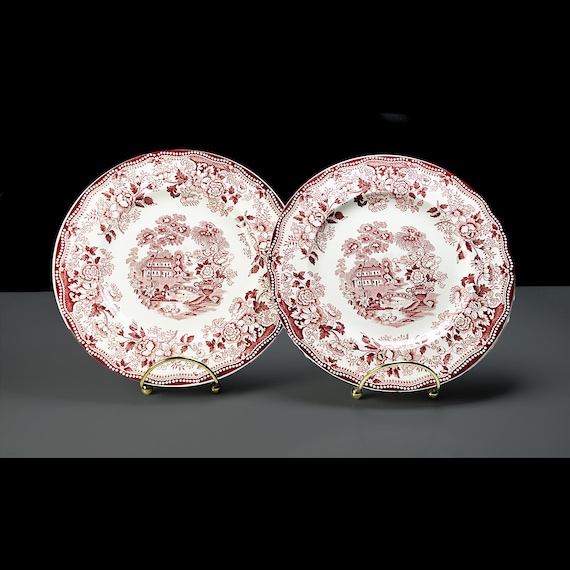 Royal Staffordshire Tonquin Salad Plates by Clarice Cliff – Red Transferware, 8-Inch, Set of 2, Made in England