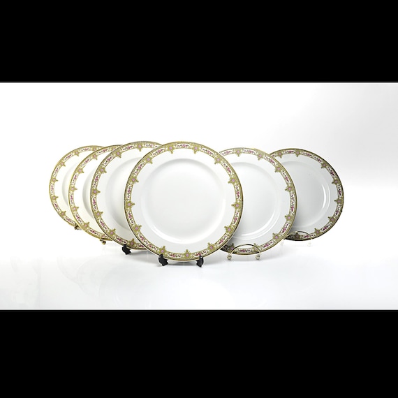 Antique Limoges France Luncheon Plates, Set of 6, Vignaud Freres, Rose Garland Gold Gilt