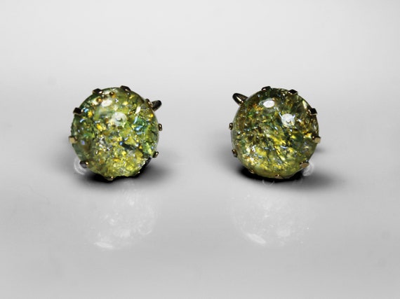 Dichroic Glass Earrings, Screw Back, Yellow/Green… - image 3