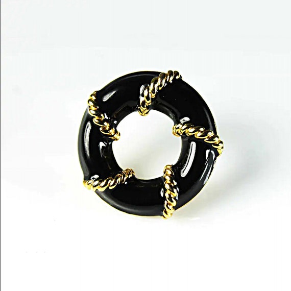 Anne Klein Brooch, Black and Gold, C-Clasp Closure, Signed,  Woman's Gift, Fashion Jewelry, Costume Jewelry