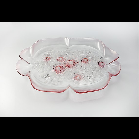 Mikasa Rosella Oval Canape Platter, Pink Floral Discontinued Frosted Glass, Elegant Giftware