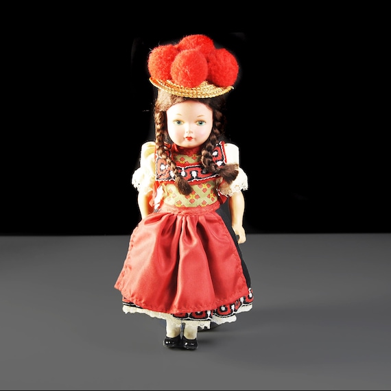 German Black Forest Bollenhut Doll, Red Pom-Pom Hat, Braided Hair, Painted Face, Traditional Costume, 10-Inch