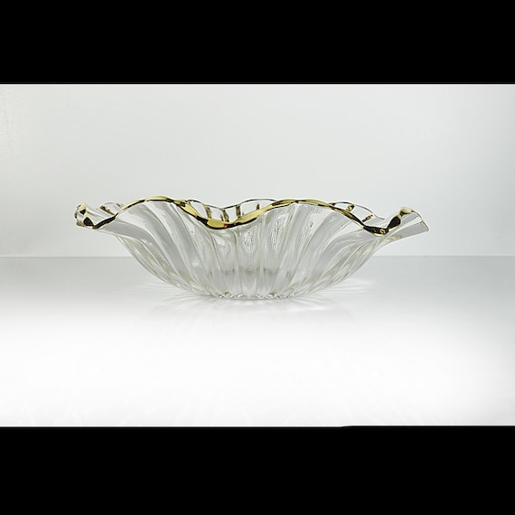 Jeannette Glass National Large Fruit Bowl, 12" Clear Glass Centerpiece with Gold Trim, Mid-Century Ribbed Glassware