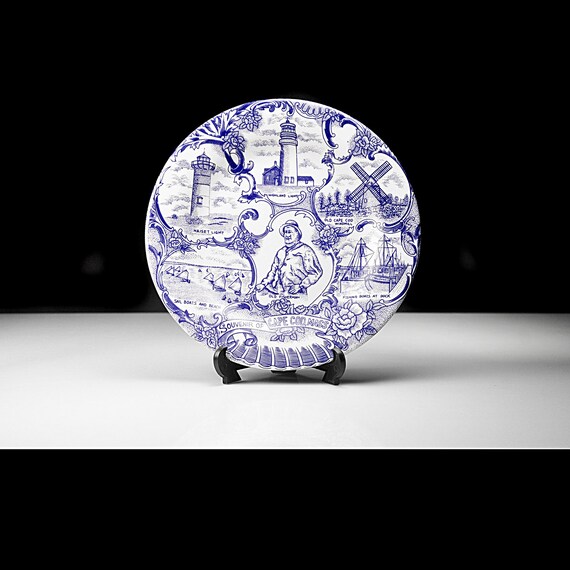 Cape Cod Massachusetts Souvenir Plate – 7 Inch Blue Transfer Style with Lighthouses, Fisherman, Sailboats – Made in China